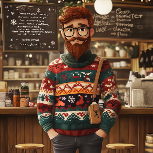 Hipster wearing festive ugly Christmas sweater in cafe