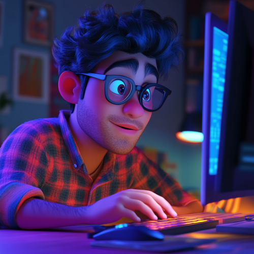 Hispanic man working contentedly on computer, aged 27-33.