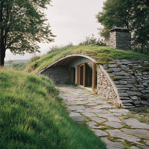 Hobbit-Style House with Vegetated Roof on Stone Terrace