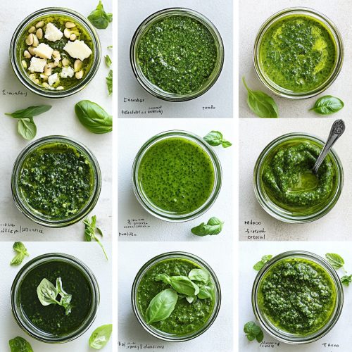 Homemade Pesto Sauces in Glass Jars Displayed Brightly