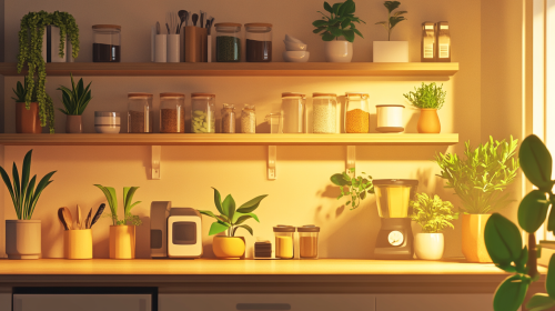 Homey Café Kitchen with Plants and Tea Set