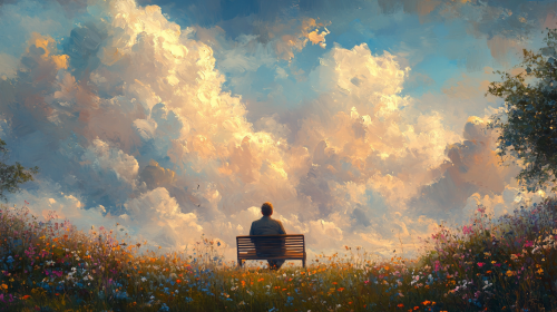 Hopeful father in Monet-style field of wildflowers