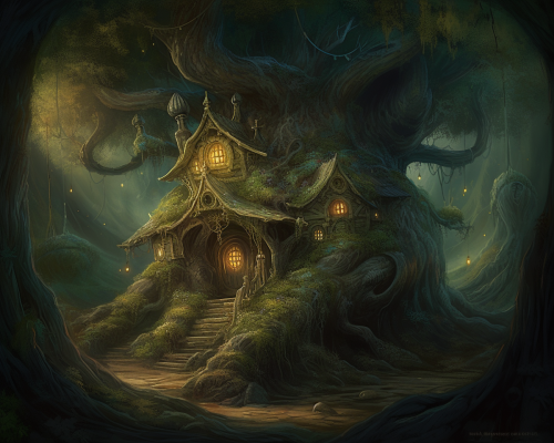 House in tree, fantasy lair for troll, hobbit.