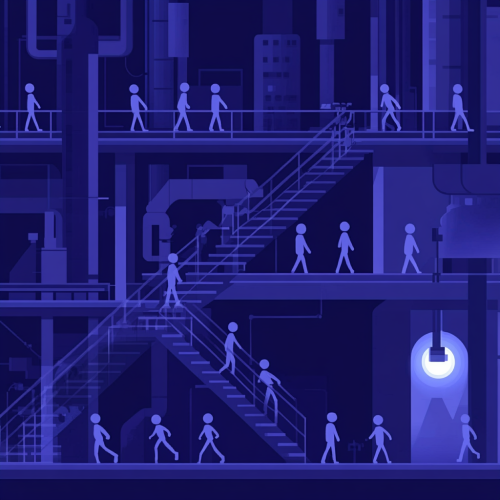 Humans cloned in factory, climbing stairs towards light