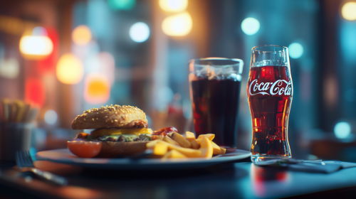 Hyper realistic photo of Coca Cola sponsored food menu.