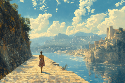 Hyperrealist painting landscape with elegant woman in beachwear Hyperrealist painting landscape with elegant woman in beachwear