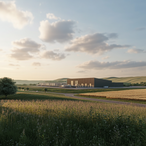 Hyperrealistic visualization of 57Ha plot with 400,000 sqm warehouse and 40Ha industrial park.