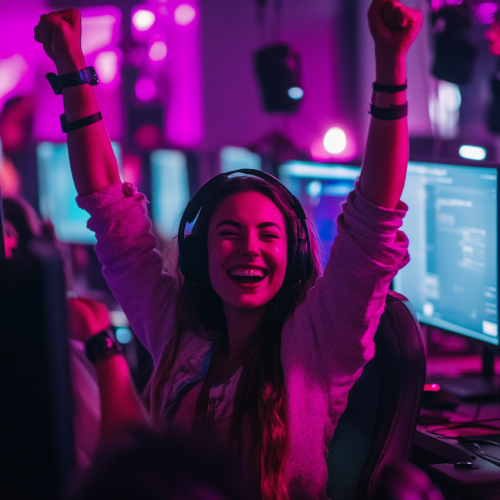 IT team celebrating success with female project lead smiling.