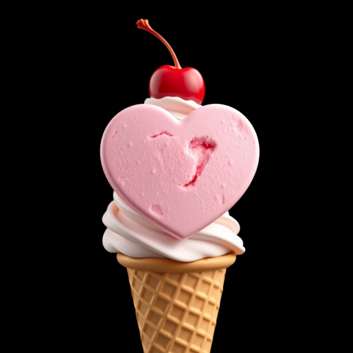 Ice cream cone with heart scoop and cherry.