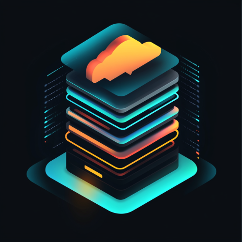 Icon representing Stage Development Environment with server stack, progress bar, cloud, and vibrant colors.