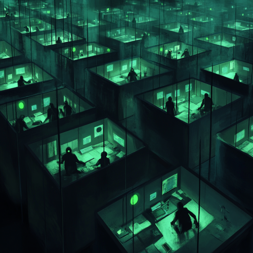 Identical cubicles filled with faceless figures working silently.