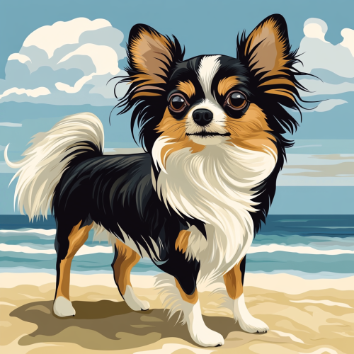 Illustrate single long-haired Chihuahua on beach. Flat design.