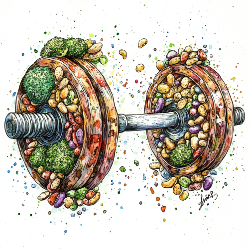 Illustration and drawing of barbell made of healthy foods.