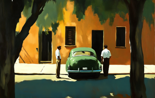 Illustration in Edward Hopper style with specified words.