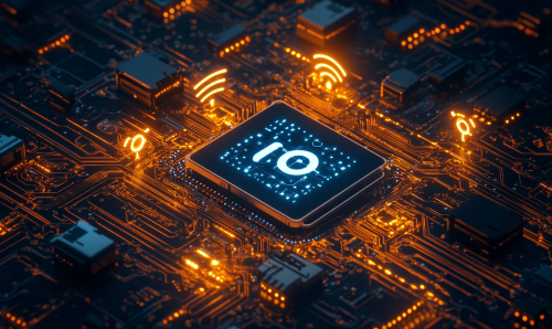 Illustration in techy style, no people, IoT communication.