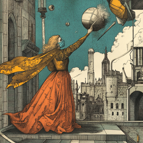 Illustration inspired by medieval etching, battles dust in city.