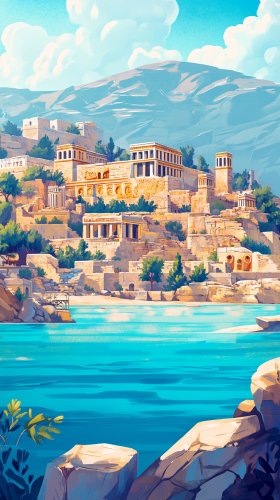Illustration of Knossos Palace in vibrant Aegean setting.