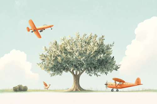 Illustration of olive tree surrounded by whimsical flying objects.