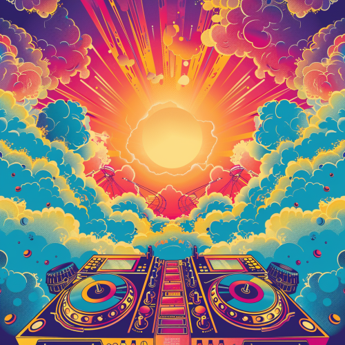 Illustration of psytrance festival flyer with DJ equipment.