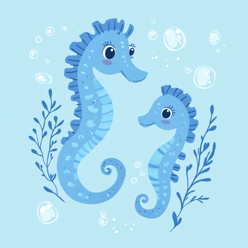 Illustration of two seahorses on light blue background.