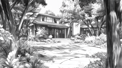 Illustration of vacation rental with refracted light, black pen.