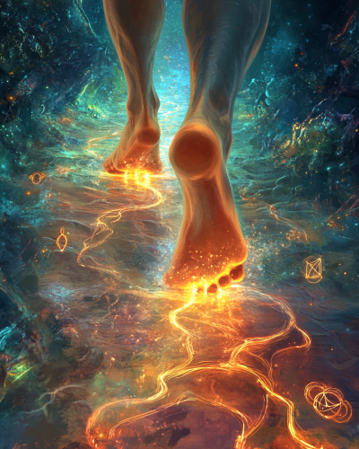 Image of Odú with glowing feet on mystical path. Image of Odú with glowing feet on mystical path.
