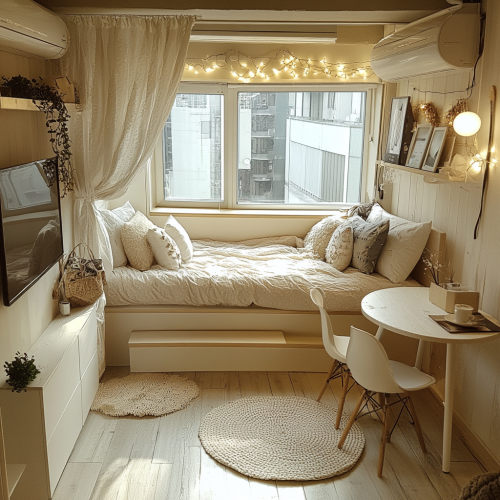 Image of stylish 1K room with bed and chair. Image of stylish 1K room with bed and chair.