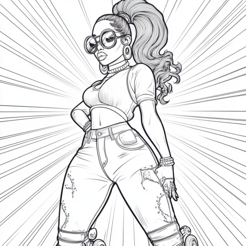 Image of woman in hippie jeans coloring page.