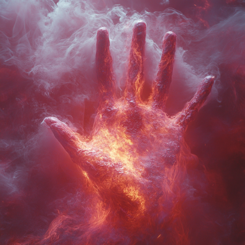Image: Hand on fire in red and magenta mist.