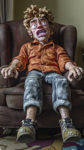 Immature person making silly faces in crowded waiting room.