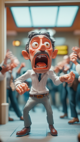 Impatient person anxiously waits in crowded, comical scene.