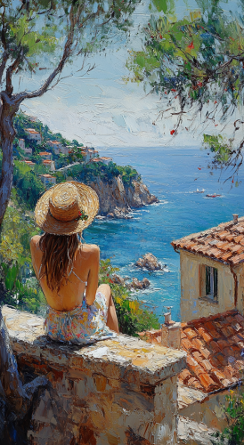 Impressionist Woman in Summer Dress at Eze, France