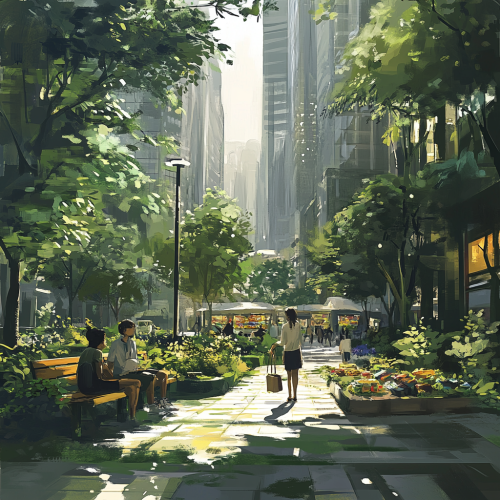 In Future City, People Gather in Green Urban Setting