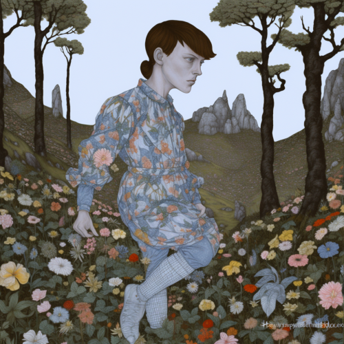 In a beautiful surreal landscape, a gay man enjoys beauty and fantasy.