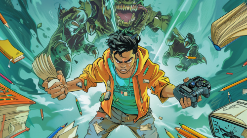 Indian boy battles SAT monster with gaming controller.