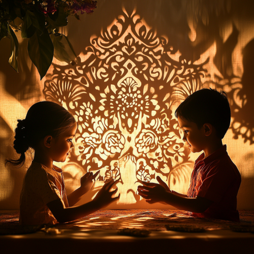 Indian children joyfully play with shadow puppets