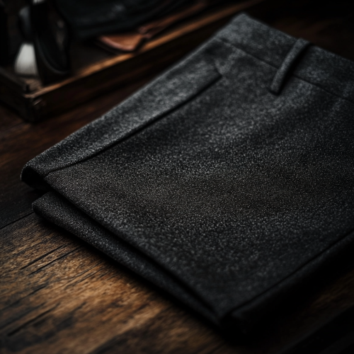 Indie photo of grey chino trousers on polished wood.