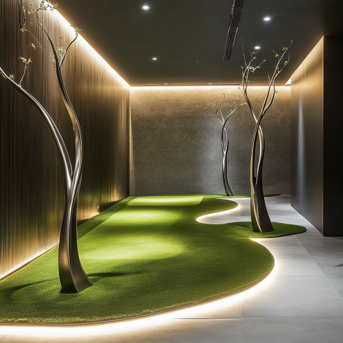 Indoor putting green with sleek, modern sculptures