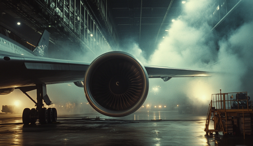 Industrial airplane turbine engine testing in cavernous hangar. Industrial airplane turbine engine testing in cavernous hangar.