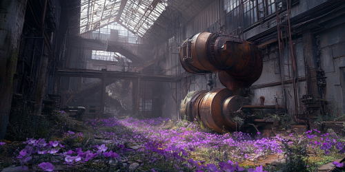 Industrial building with old equipment, flowers casting shadows.