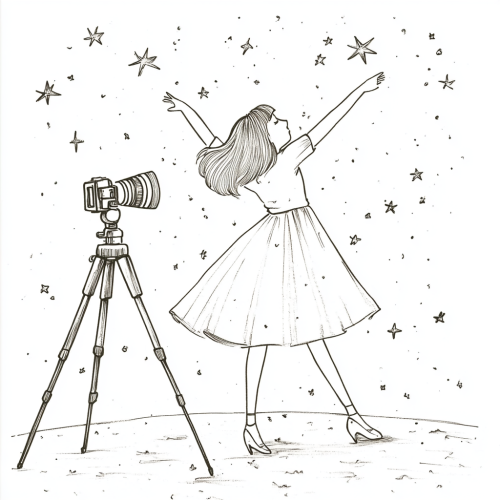 Line Drawing of Influencer dancing in front of tripod with stars