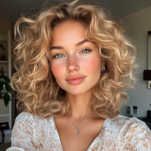 Influencer with curly blonde hair takes stylish selfie pose.