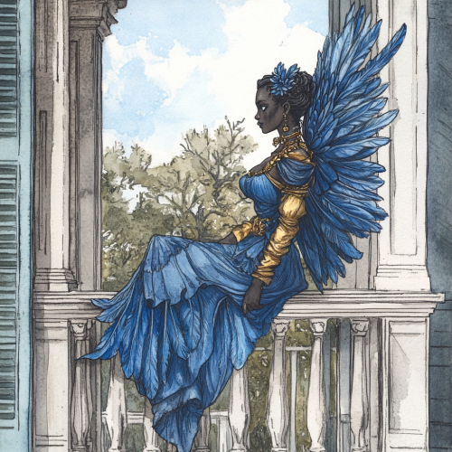 Ink Drawing of Dark-Skinned Harpy Southern Belle Woman