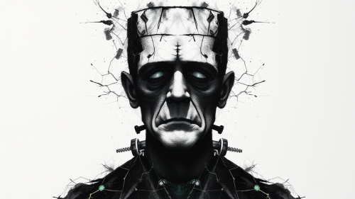 Inked Frankenstein's monster: eerie, symmetrical design with darkness.