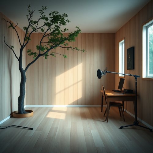 Inside a modern podcast studio in a tree.