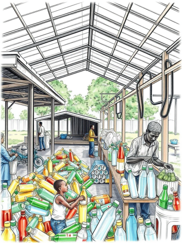 Inside a recycling center with kids playing outside.