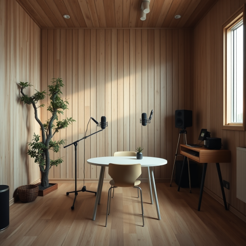 Inside a treehouse, modern podcast studio without equipment.