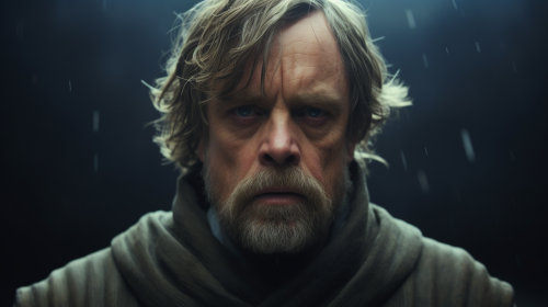 Intense Luke Skywalker portrait in war-torn city.