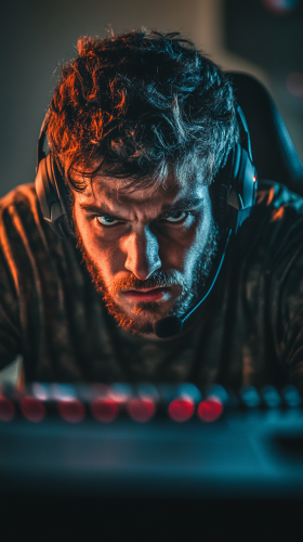 Intense gamer struggling with mistakes, slow thinking, and failure.