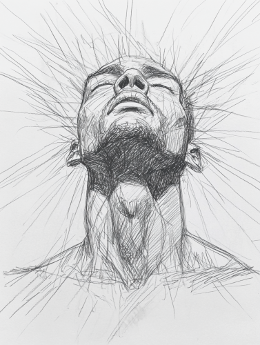 Intense pencil sketch figure alive, gazing skyward.